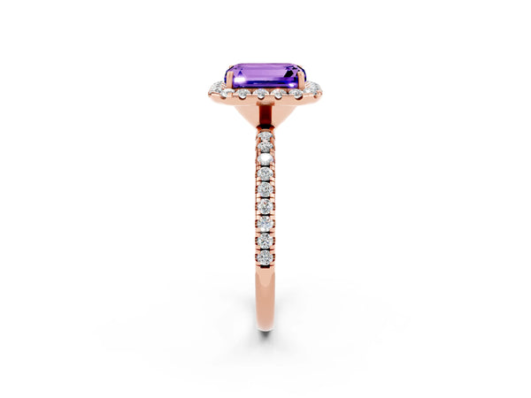Rose gold Emerald Cut Tanzanite Halo Engagement Ring with Round Pavé Band and Prong Setting