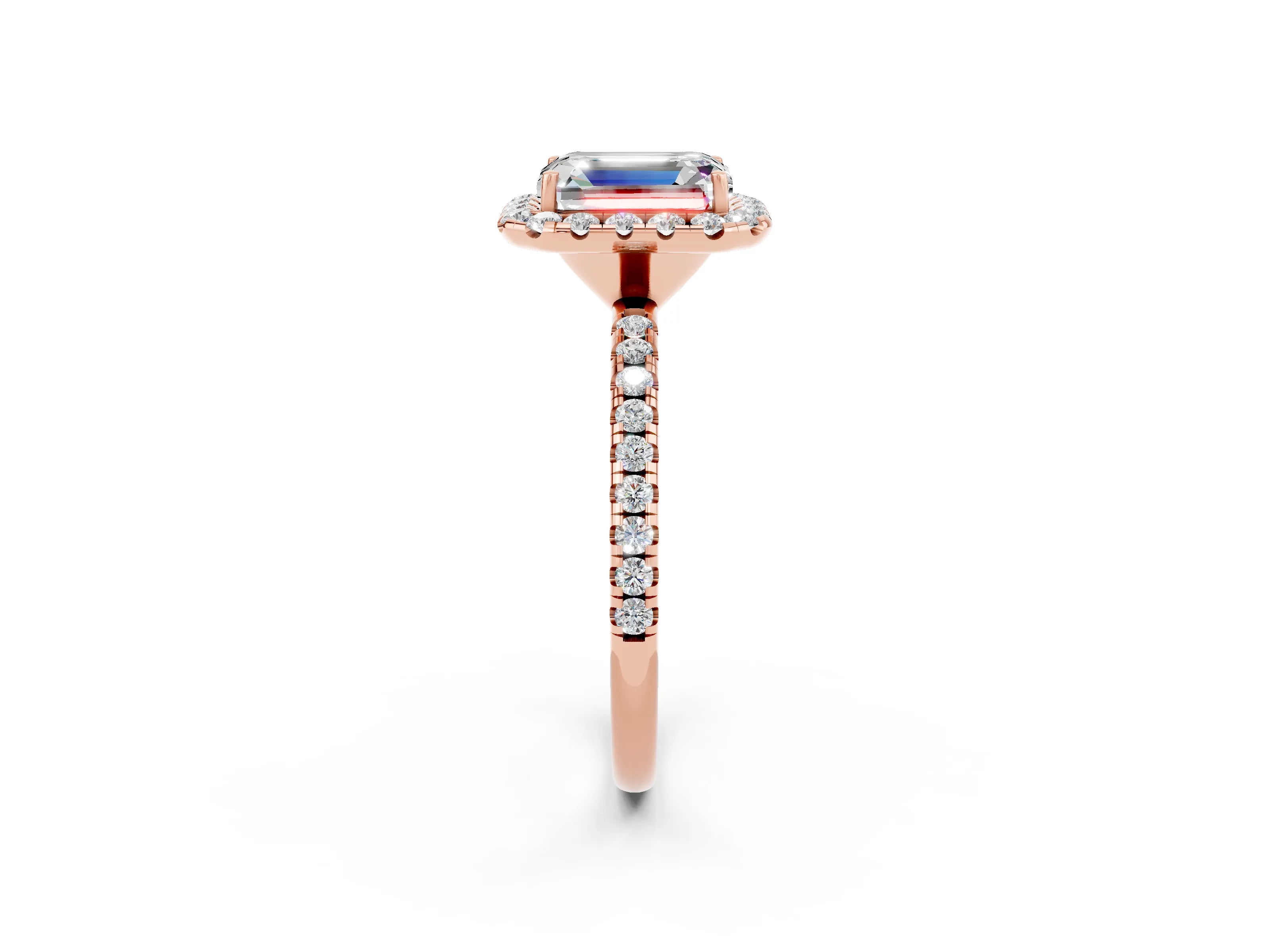 Rose gold Emerald Cut Cut Diamond Floral Halo Engagement Ring with Pavé Band and Prong Setting_2