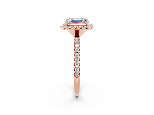 Rose gold Emerald Cut Moissanite Halo Engagement Ring with Round Pavé Band and Prong Setting