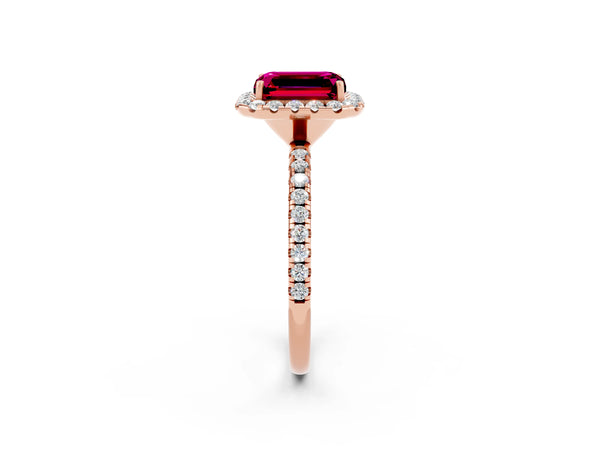 Rose gold Emerald Cut Garnet Halo Engagement Ring with Round Pavé Band and Prong Setting