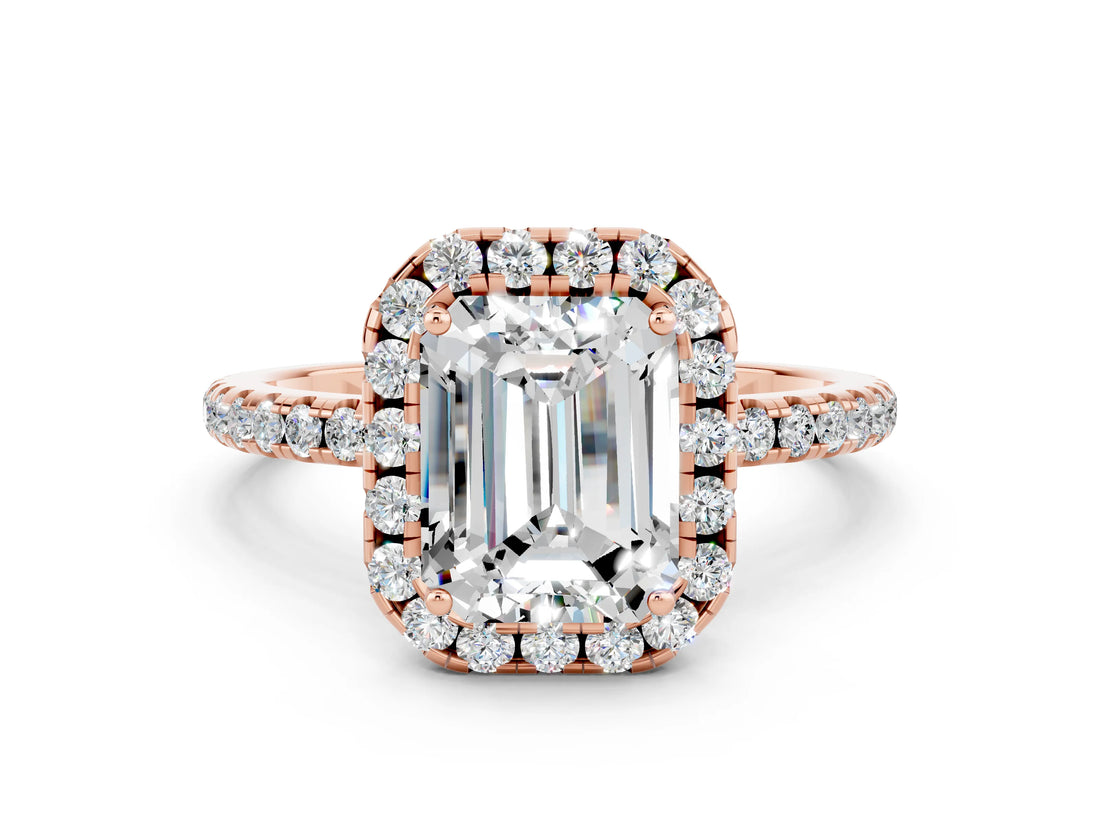 Rose gold Emerald Cut Cut Diamond Floral Halo Engagement Ring with Pavé Band and Prong Setting