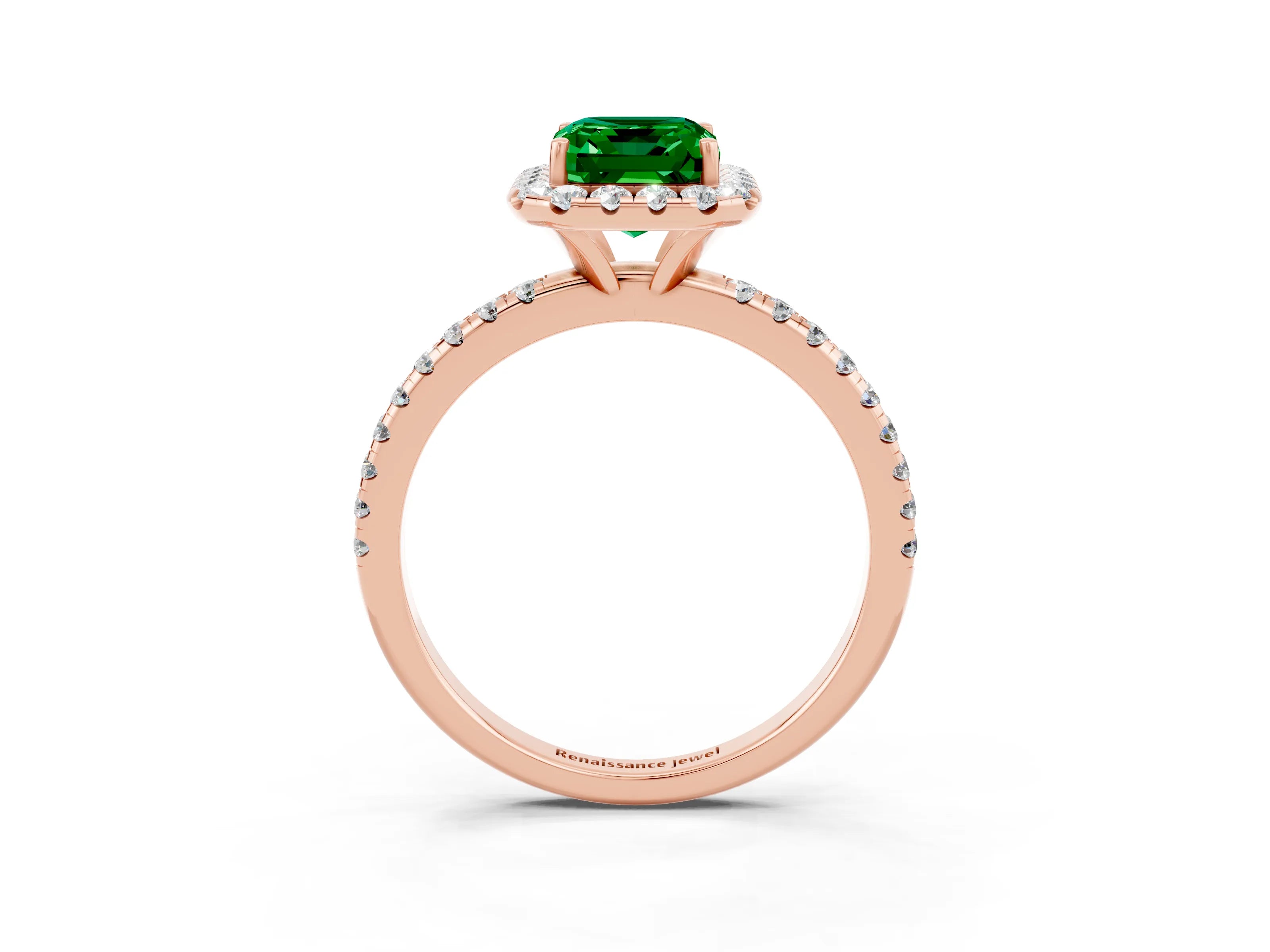 Rose gold Emerald Cut Cut Diamond Floral Halo Engagement Ring with Pavé Band and Prong Setting_3