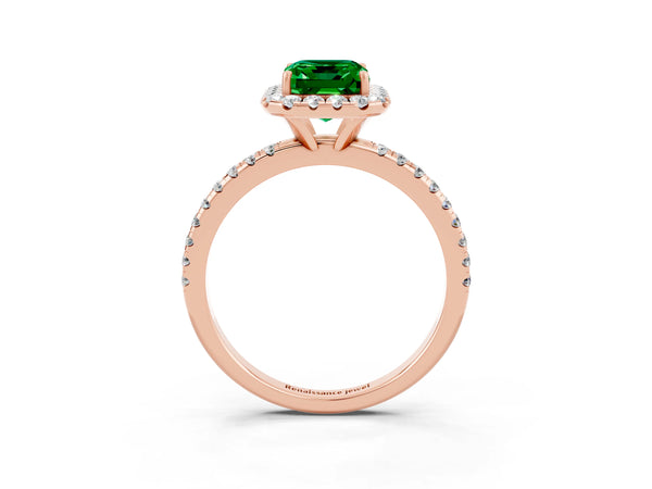 Rose gold Emerald Cut Emerald Halo Engagement Ring with Round Pavé Band and Prong Setting