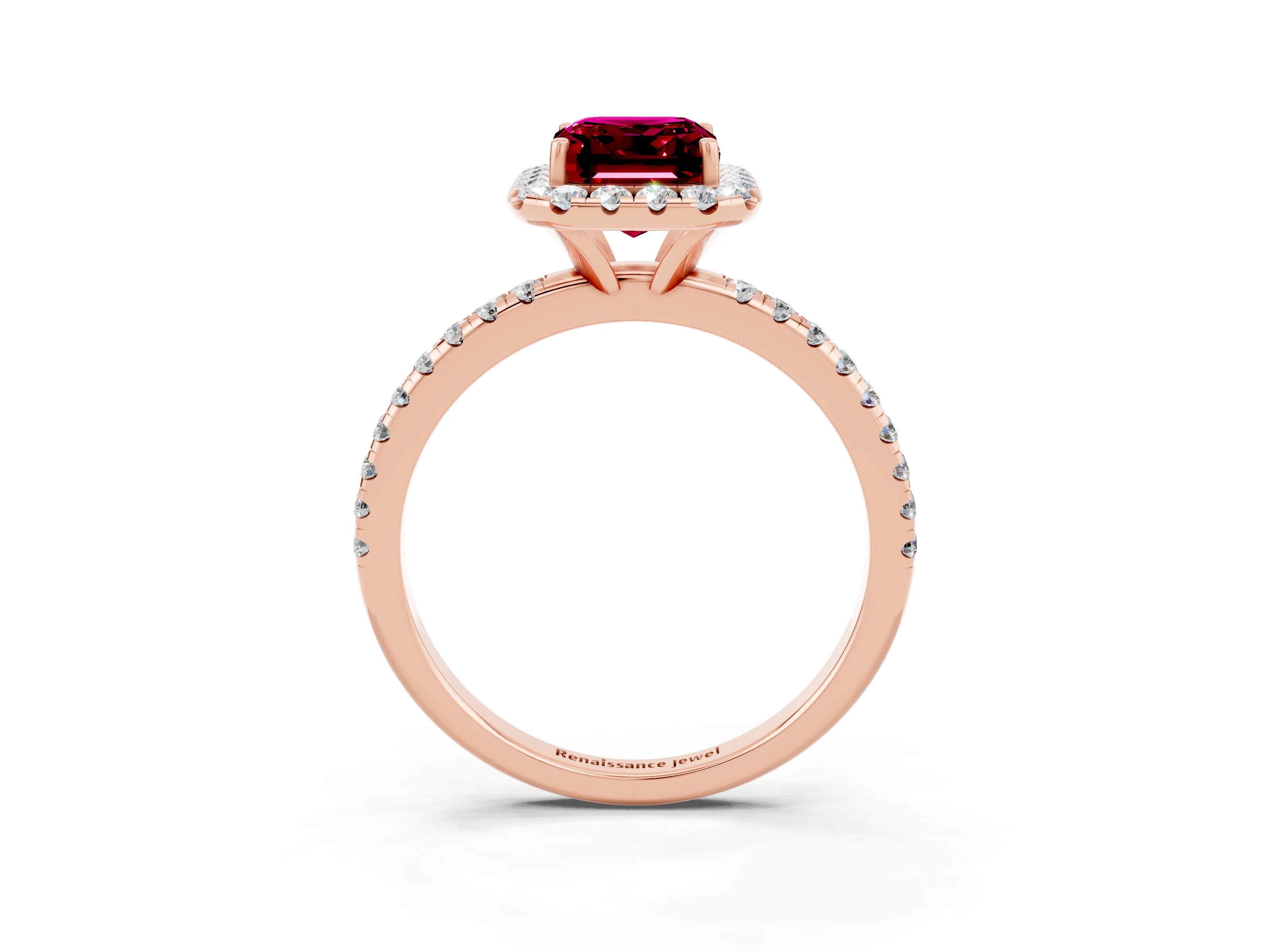 Rose gold Emerald Cut Cut Diamond Floral Halo Engagement Ring with Pavé Band and Prong Setting_3