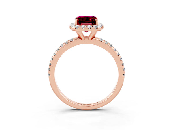 Rose gold Emerald Cut Garnet Halo Engagement Ring with Round Pavé Band and Prong Setting