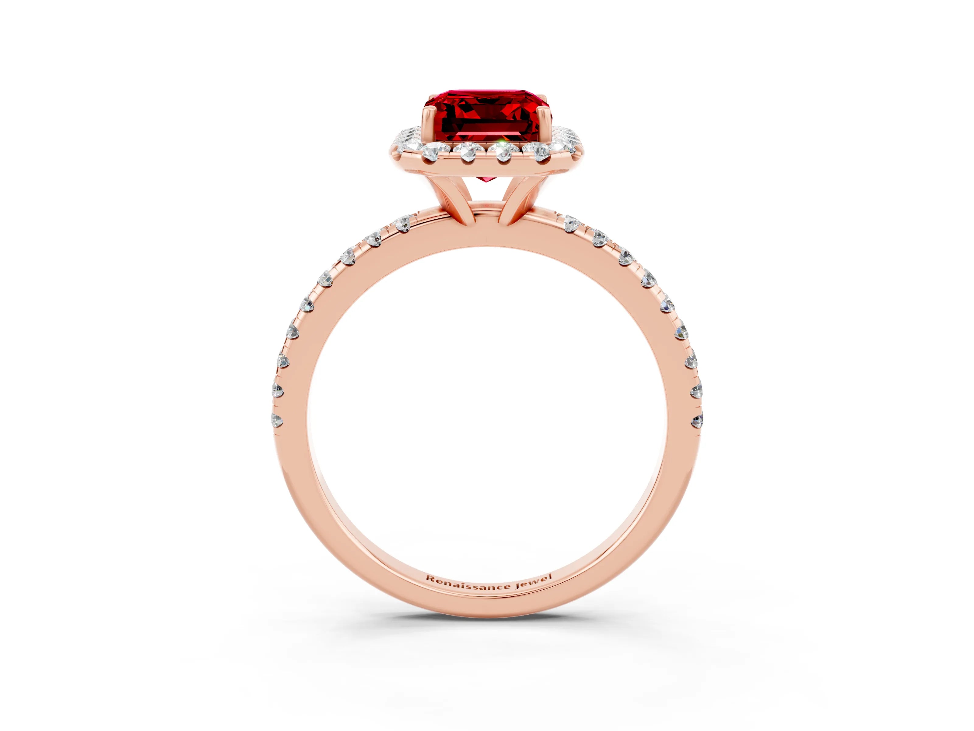 Rose gold Emerald Cut Cut Diamond Floral Halo Engagement Ring with Pavé Band and Prong Setting_3