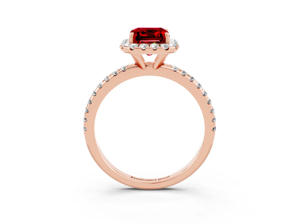 Rose gold Emerald Cut Cut Diamond Floral Halo Engagement Ring with Pavé Band and Prong Setting