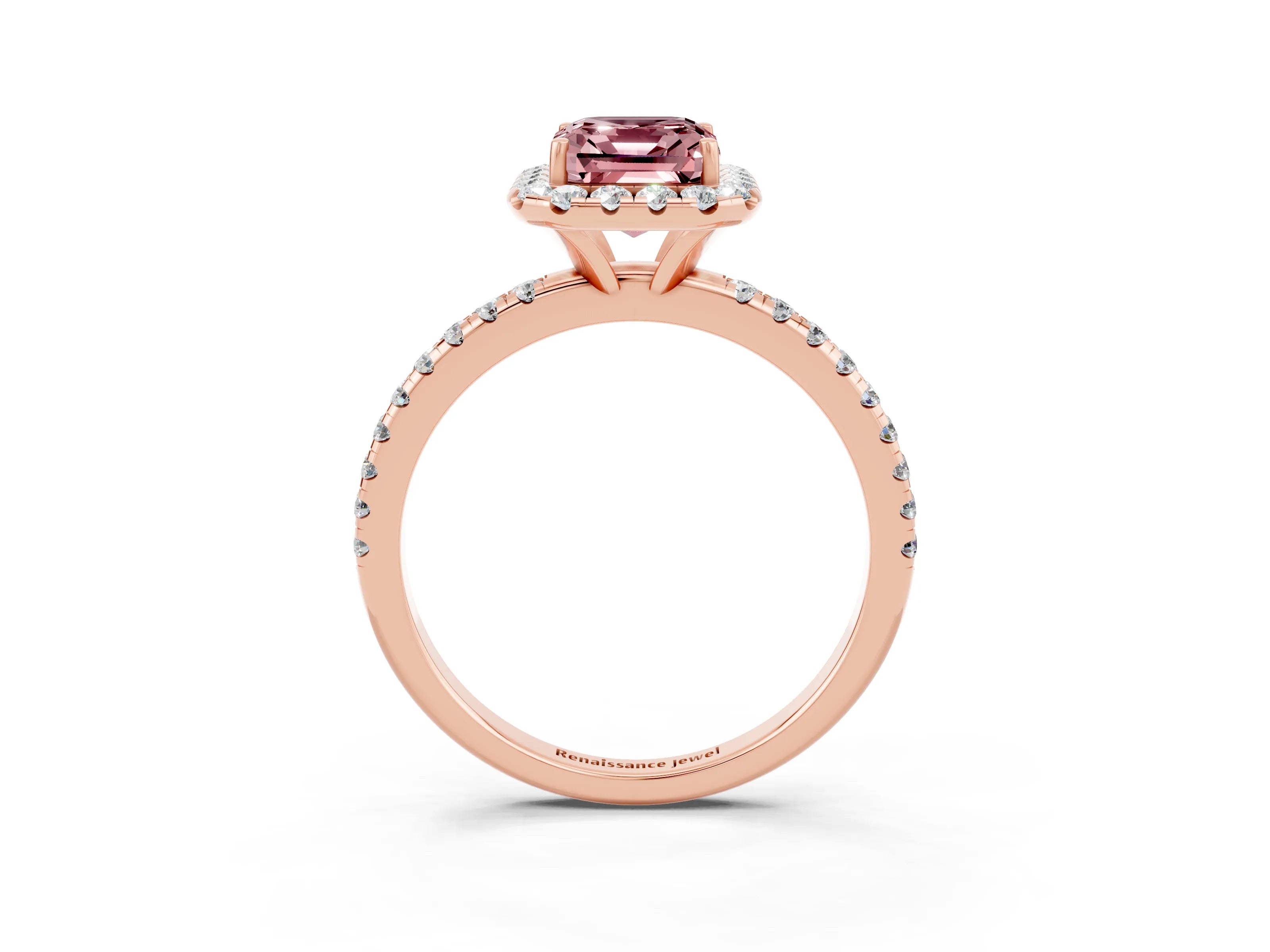 Rose gold Emerald Cut Cut Diamond Floral Halo Engagement Ring with Pavé Band and Prong Setting_3