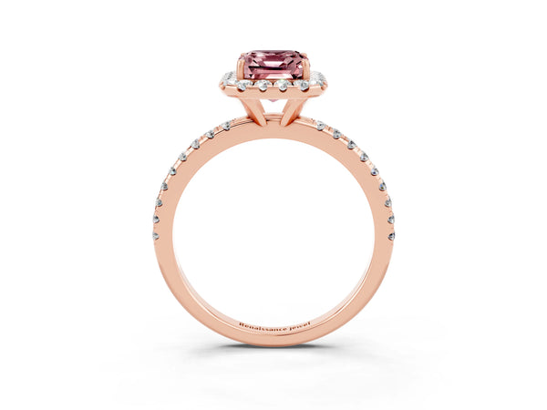 Rose gold Emerald Cut Cut Diamond Floral Halo Engagement Ring with Pavé Band and Prong Setting