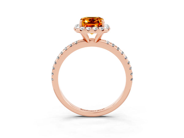 Rose gold Emerald Cut Citrine Halo Engagement Ring with Round Pavé Band and Prong Setting