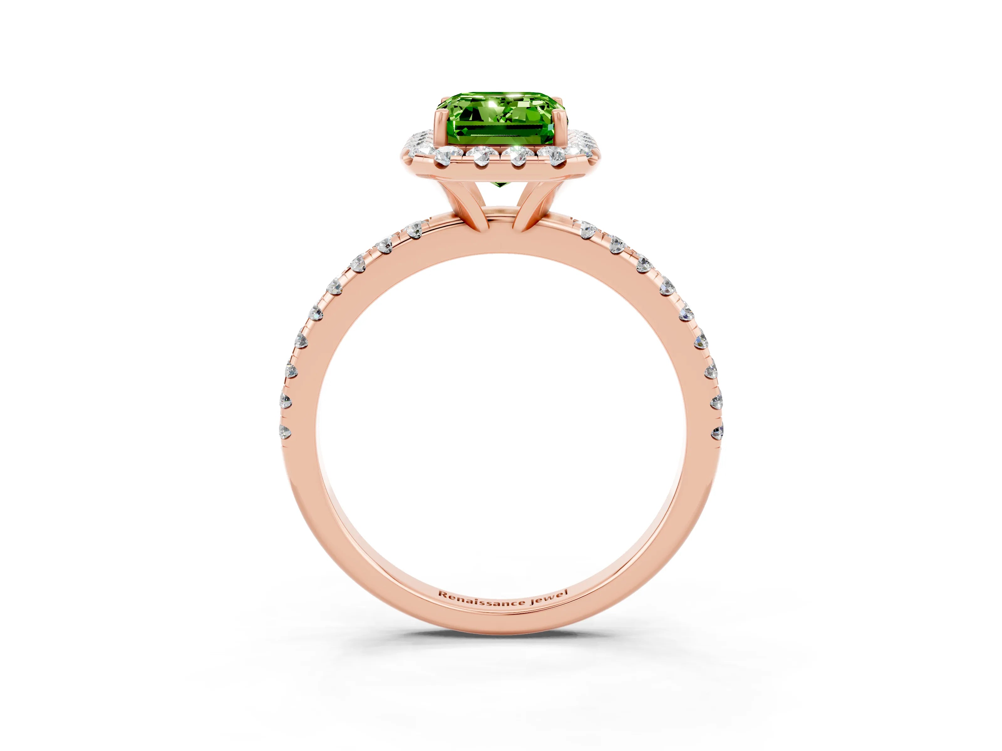 Rose gold Emerald Cut Cut Diamond Floral Halo Engagement Ring with Pavé Band and Prong Setting_3