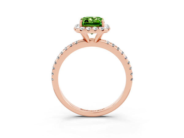 Rose gold Emerald Cut Cut Diamond Floral Halo Engagement Ring with Pavé Band and Prong Setting