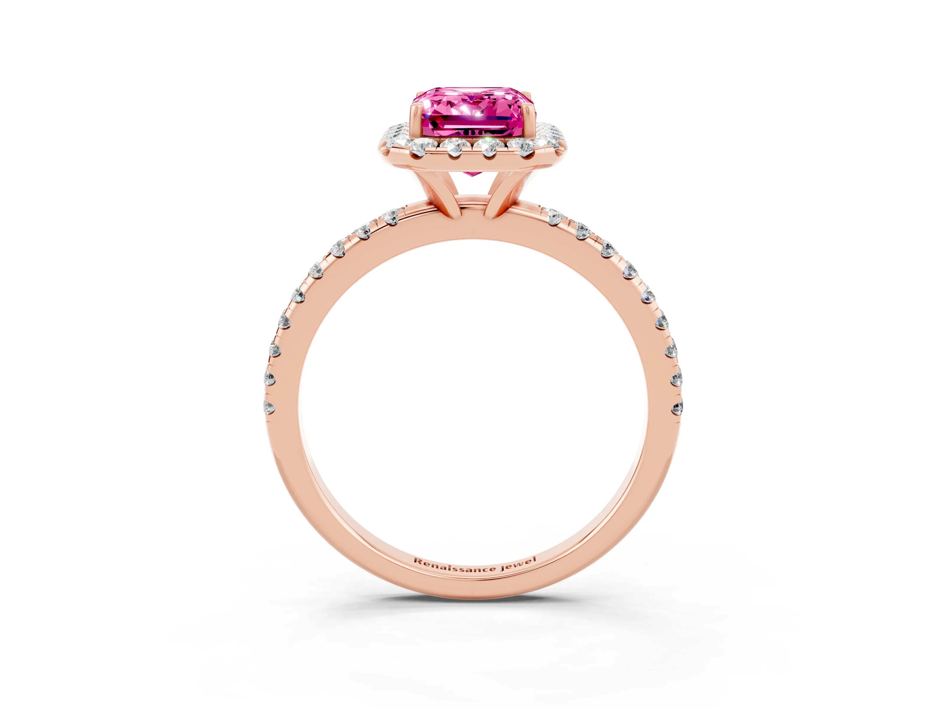 Rose gold Emerald Cut Cut Diamond Floral Halo Engagement Ring with Pavé Band and Prong Setting_3