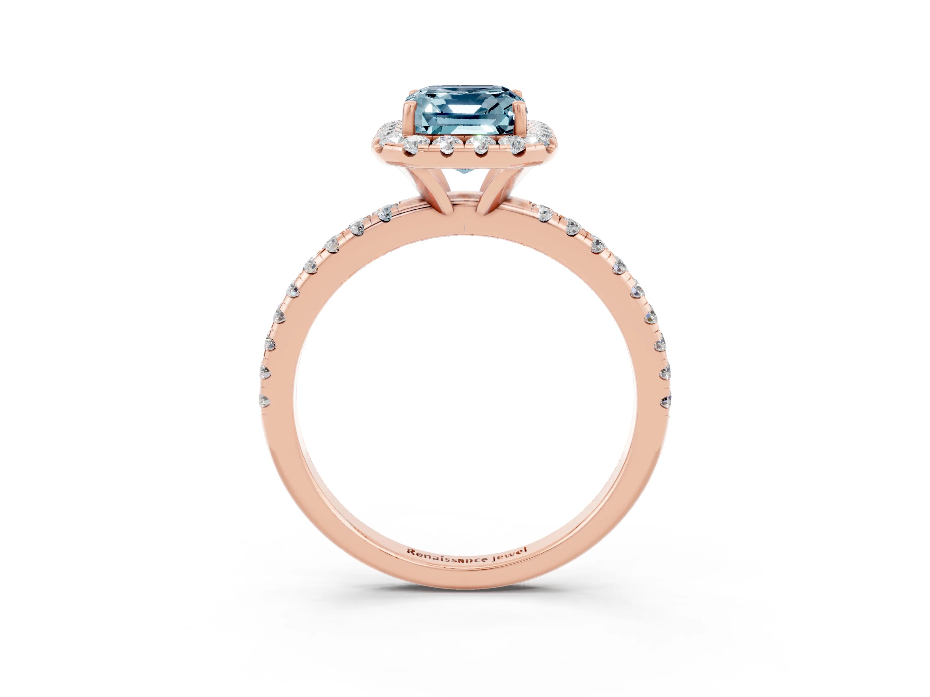 Rose gold Emerald Cut Cut Diamond Floral Halo Engagement Ring with Pavé Band and Prong Setting_3