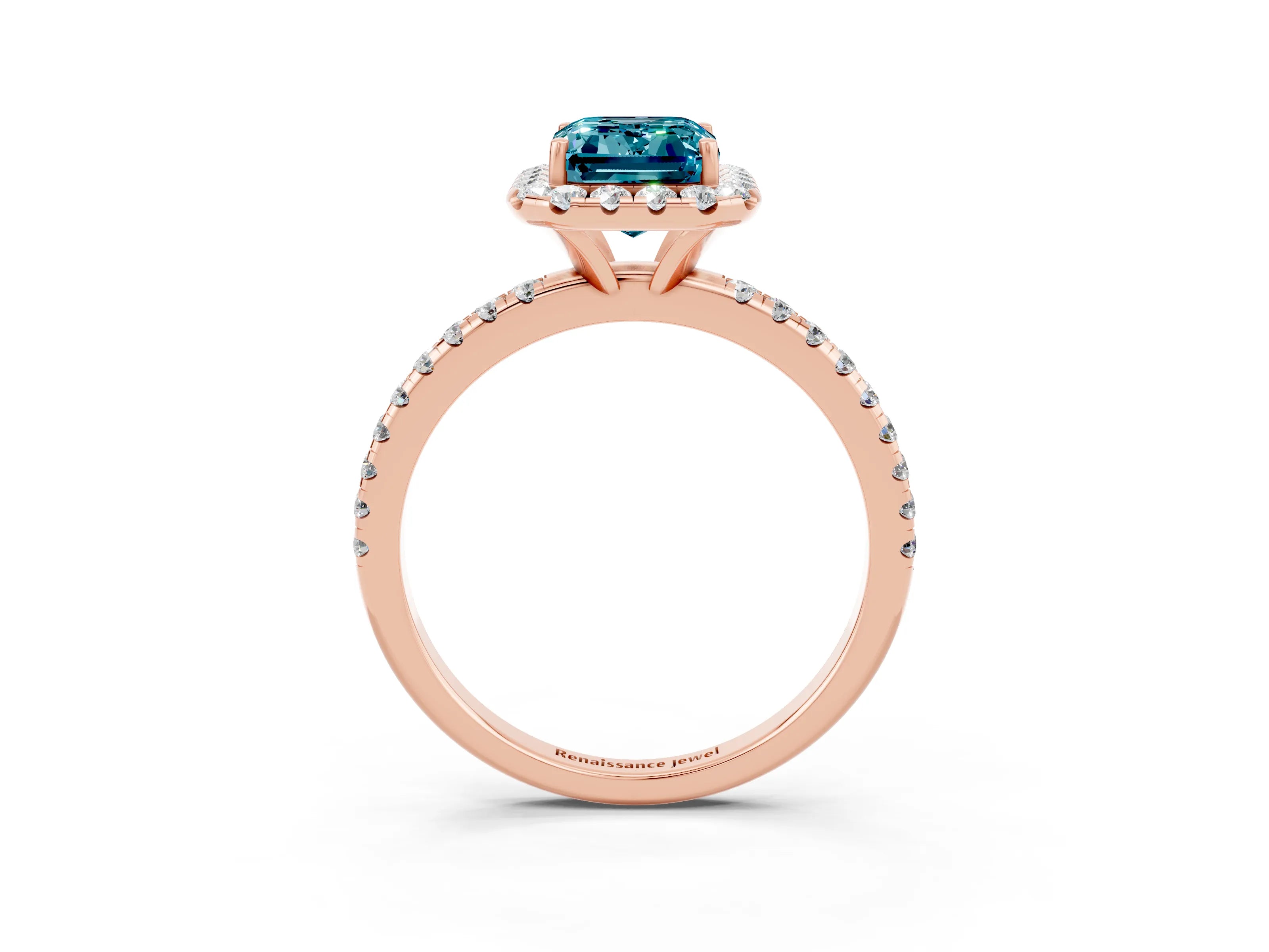 Rose gold Emerald Cut Cut Diamond Floral Halo Engagement Ring with Pavé Band and Prong Setting_3