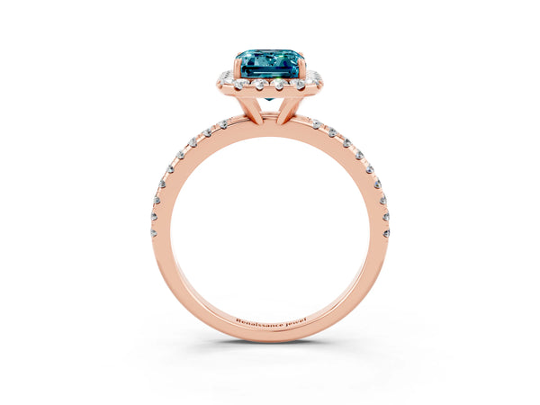 Rose gold Emerald Cut Cut Diamond Floral Halo Engagement Ring with Pavé Band and Prong Setting