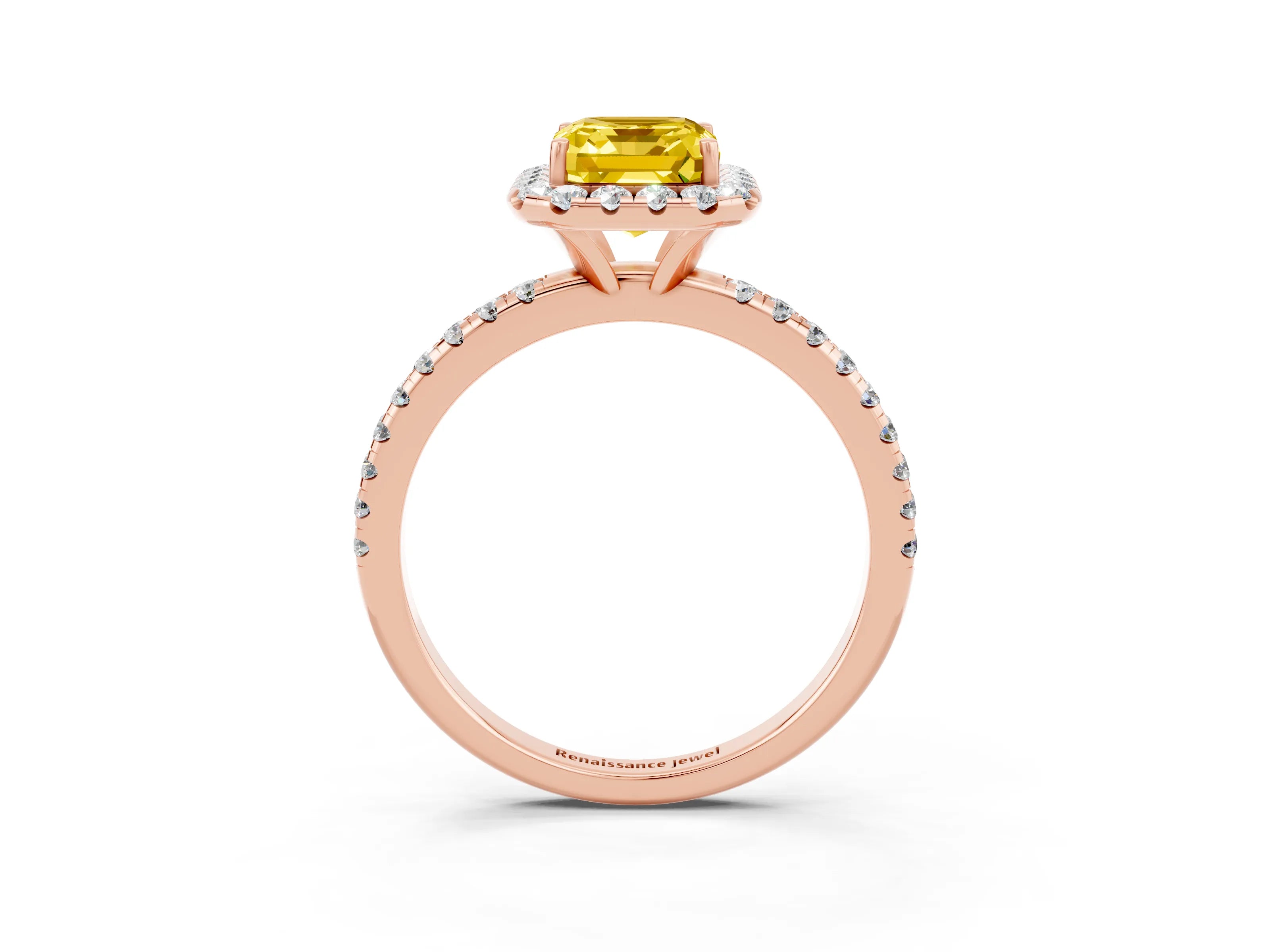 Rose gold Emerald Cut Cut Diamond Floral Halo Engagement Ring with Pavé Band and Prong Setting_3