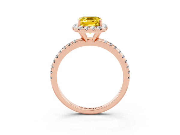Rose gold Emerald Cut Yellow Sapphire Halo Engagement Ring with Round Pavé Band and Prong Setting