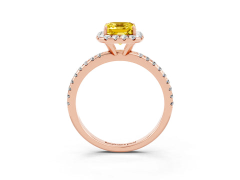 Rose gold Emerald Cut Cut Diamond Floral Halo Engagement Ring with Pavé Band and Prong Setting_3