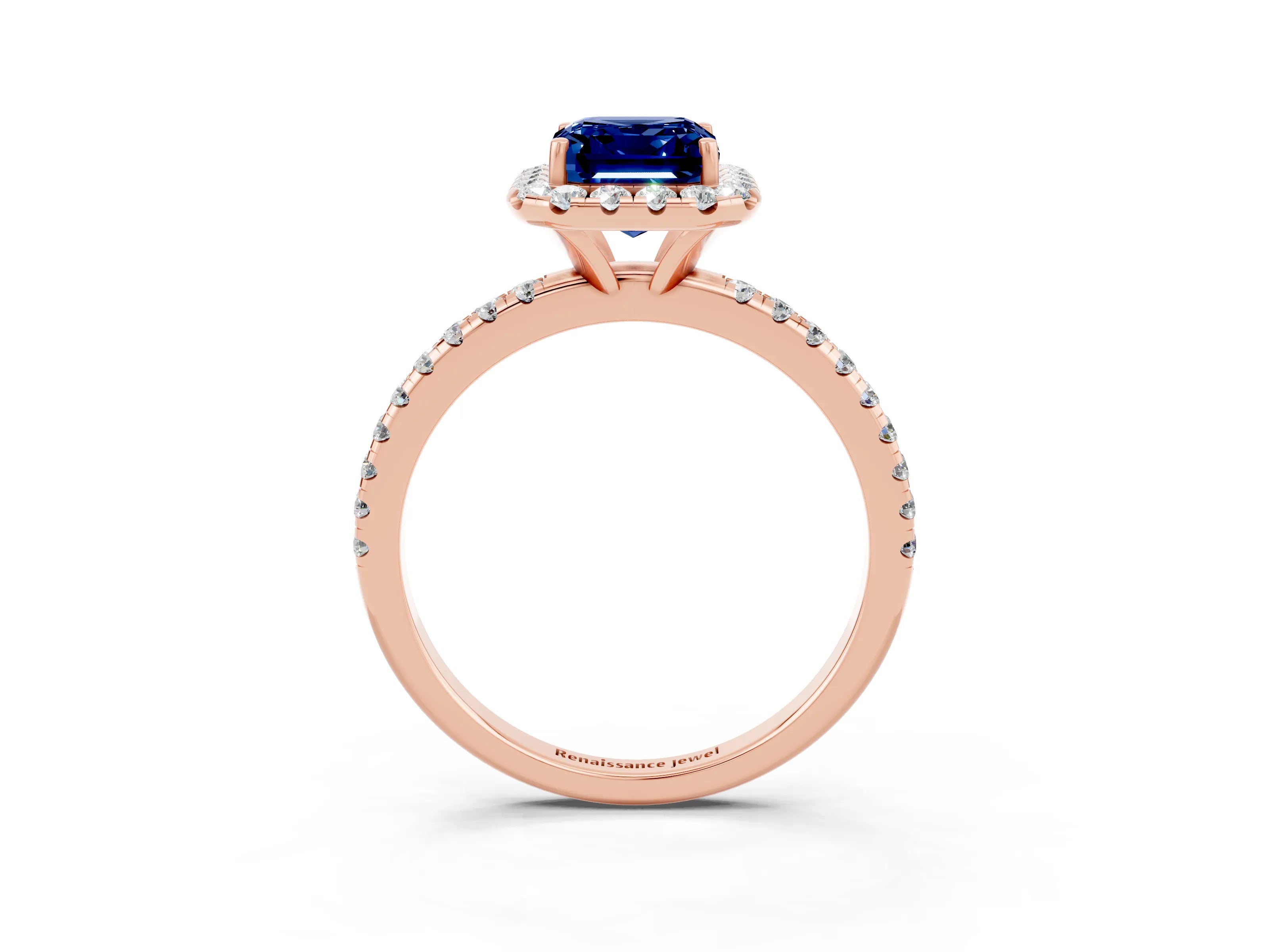 Rose gold Emerald Cut Cut Diamond Floral Halo Engagement Ring with Pavé Band and Prong Setting_3