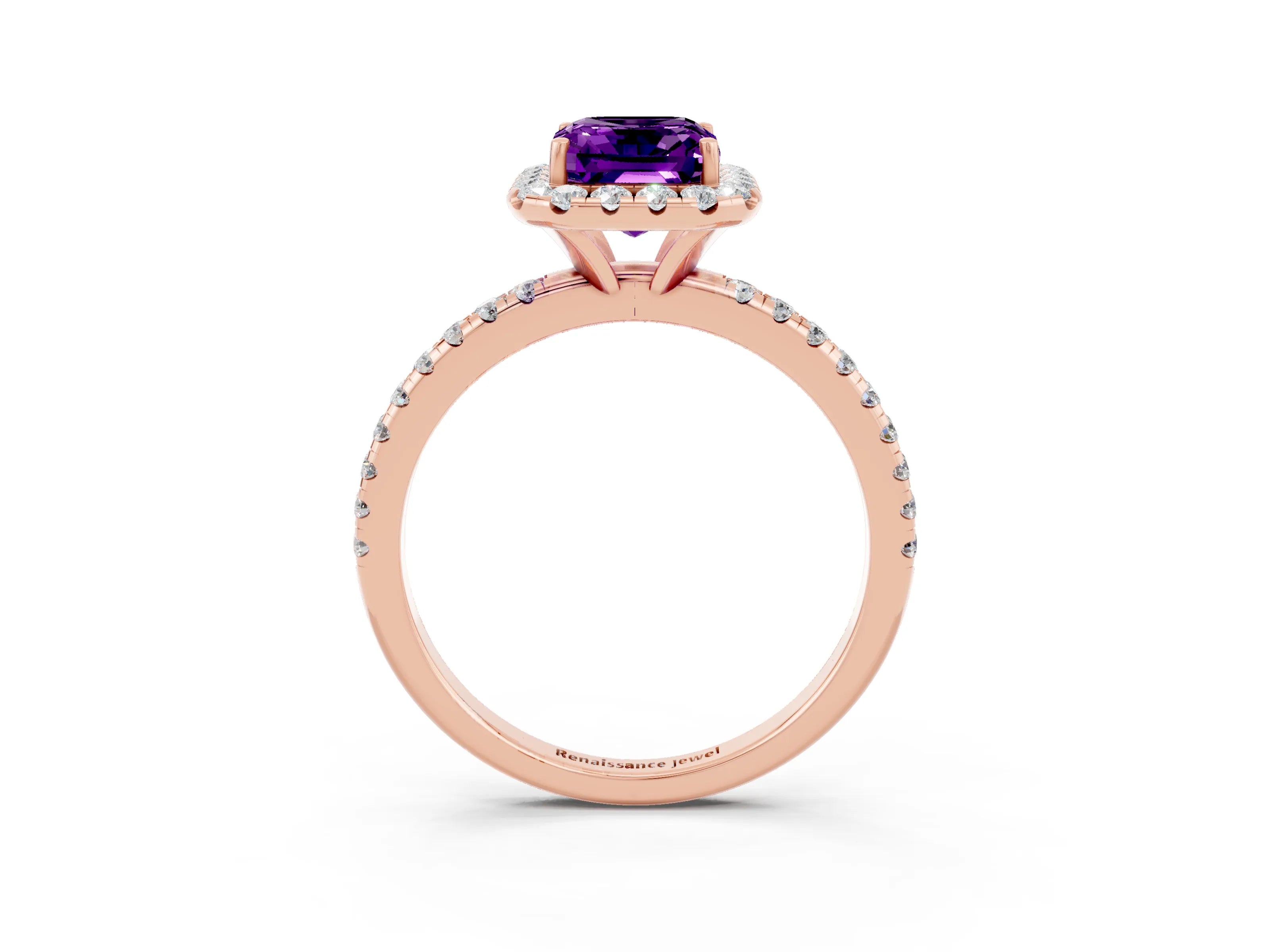 Rose gold Emerald Cut Cut Diamond Floral Halo Engagement Ring with Pavé Band and Prong Setting_3
