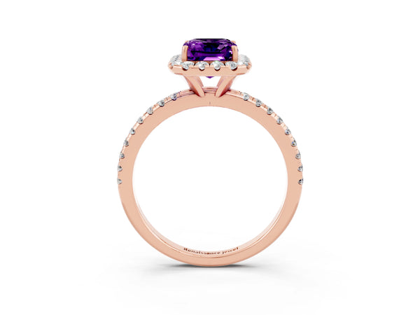 Rose gold Emerald Cut Amethyst Halo Engagement Ring with Round Pavé Band and Prong Setting