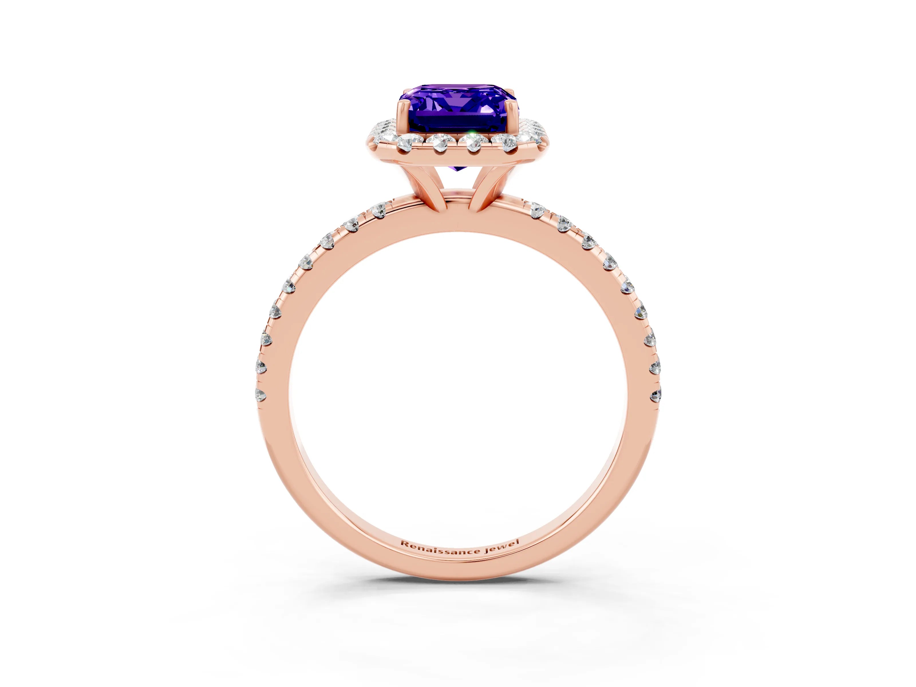 Rose gold Emerald Cut Cut Diamond Floral Halo Engagement Ring with Pavé Band and Prong Setting_3