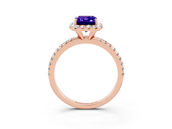 Rose gold Emerald Cut Tanzanite Halo Engagement Ring with Round Pavé Band and Prong Setting
