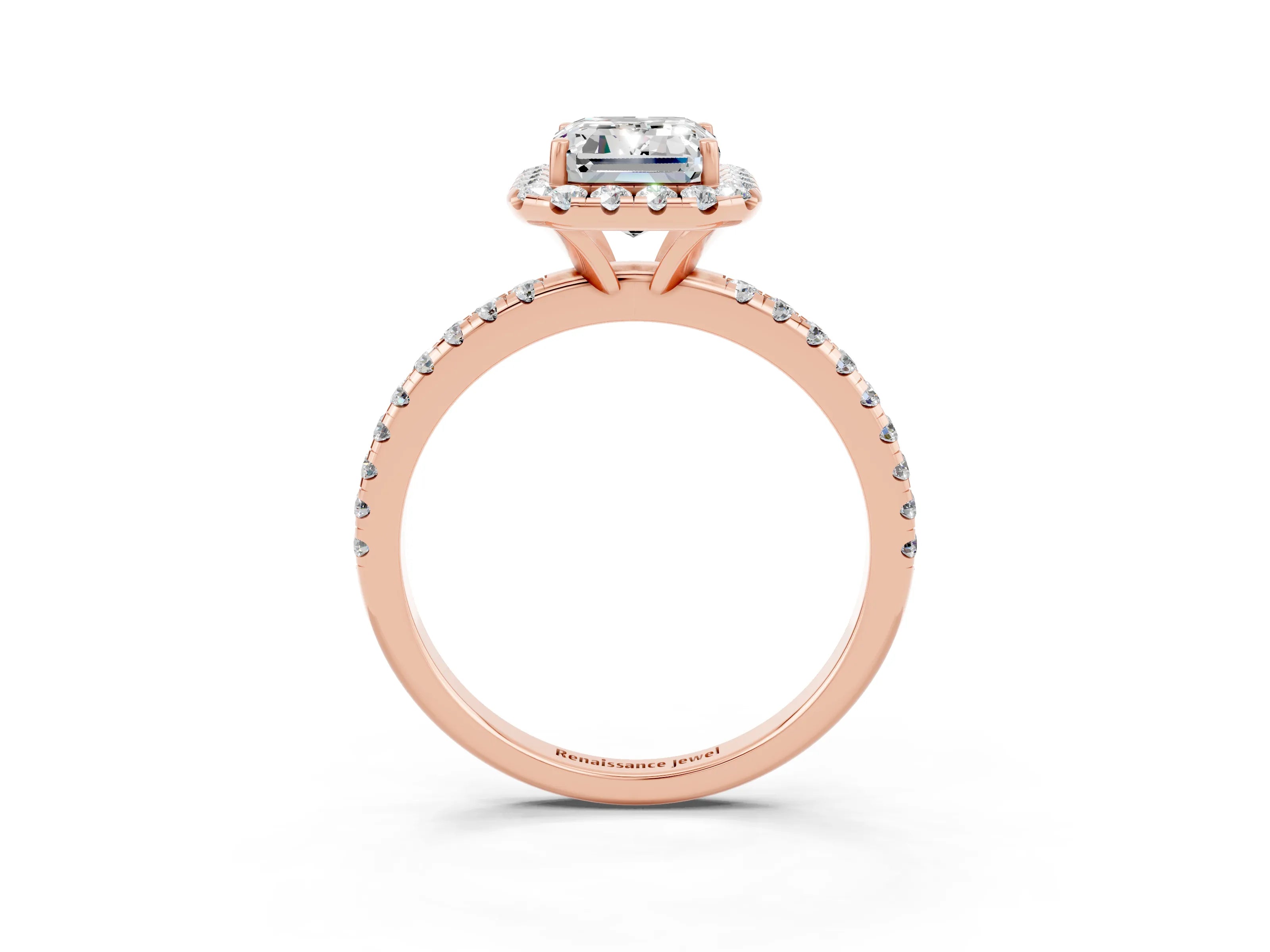 Rose gold Emerald Cut Cut Diamond Floral Halo Engagement Ring with Pavé Band and Prong Setting_3
