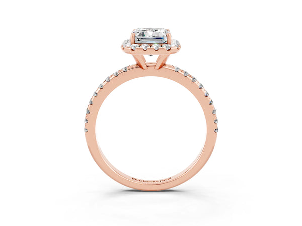 Rose gold Emerald Cut Moissanite Halo Engagement Ring with Round Pavé Band and Prong Setting