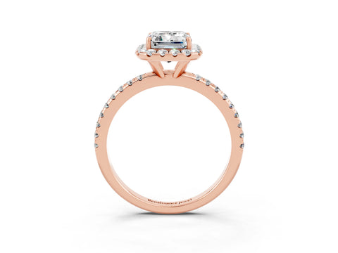 Rose gold Emerald Cut Cut Diamond Floral Halo Engagement Ring with Pavé Band and Prong Setting_3