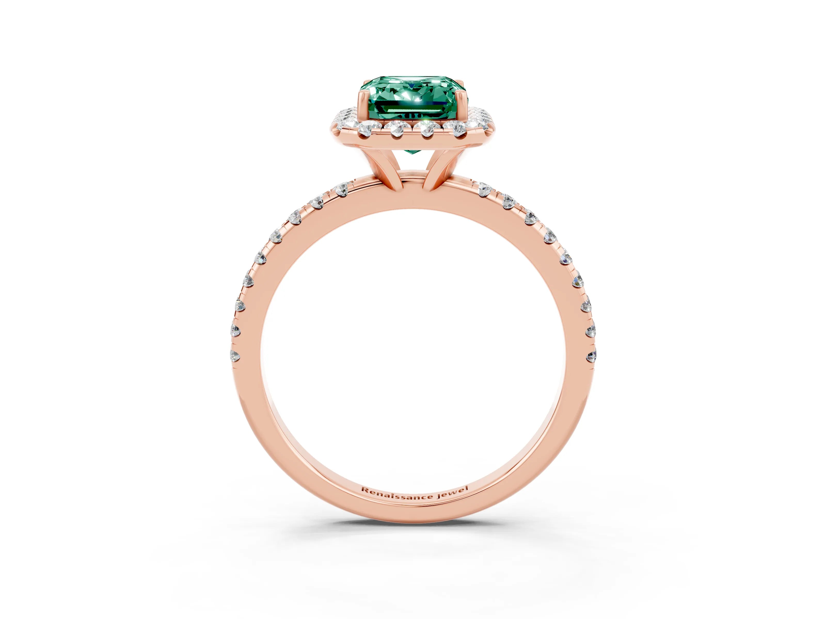 Rose gold Emerald Cut Cut Diamond Floral Halo Engagement Ring with Pavé Band and Prong Setting_3