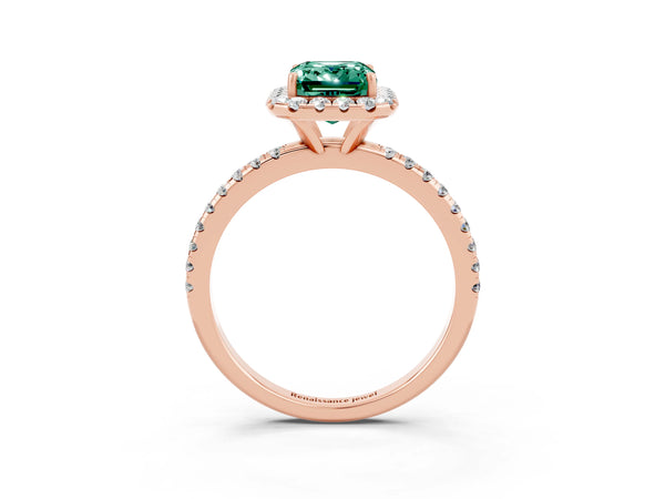 Rose gold Emerald Cut Green Sapphire Halo Engagement Ring with Round Pavé Band and Prong Setting