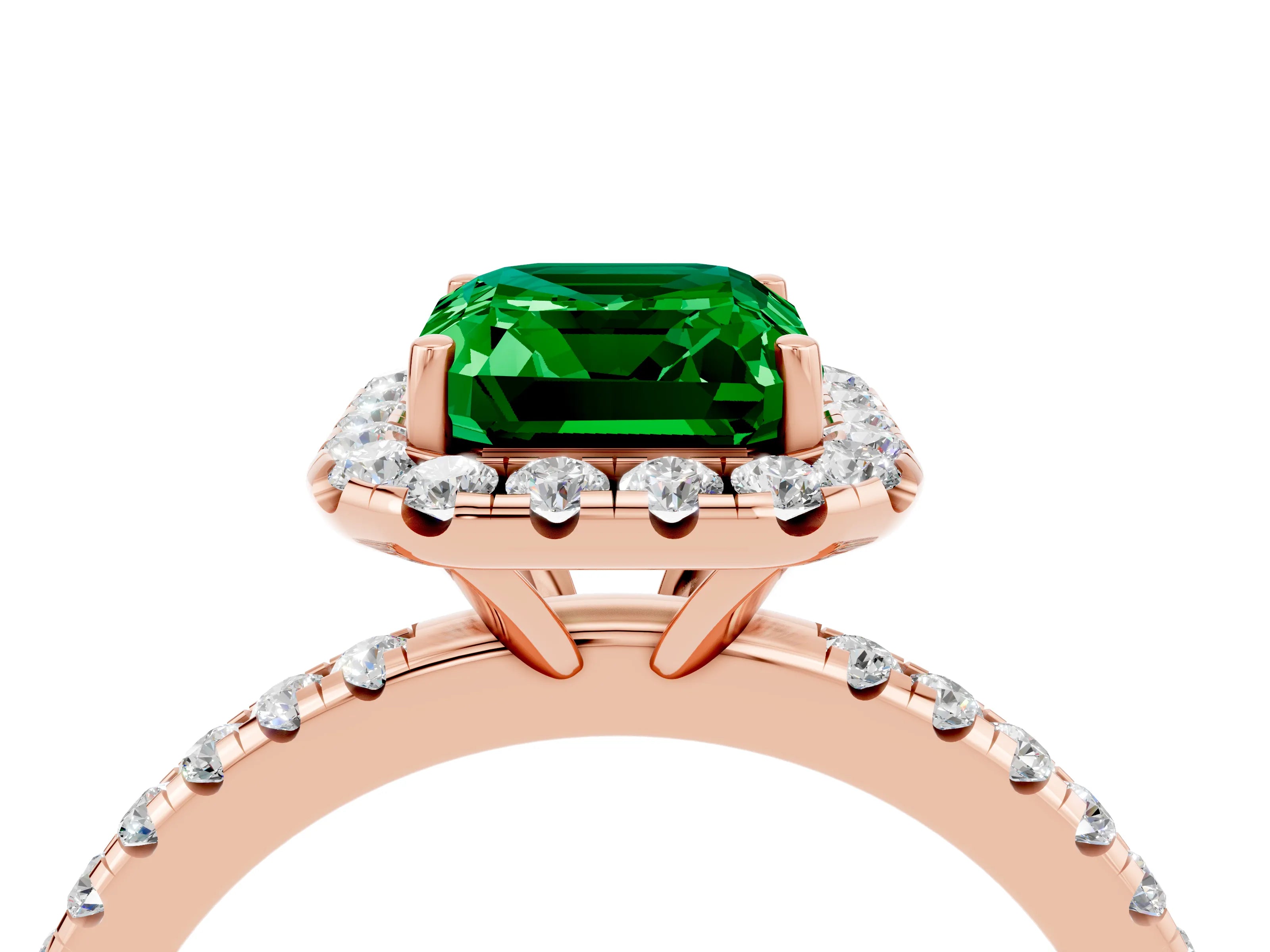 Rose gold Emerald Cut Cut Diamond Floral Halo Engagement Ring with Pavé Band and Prong Setting_4
