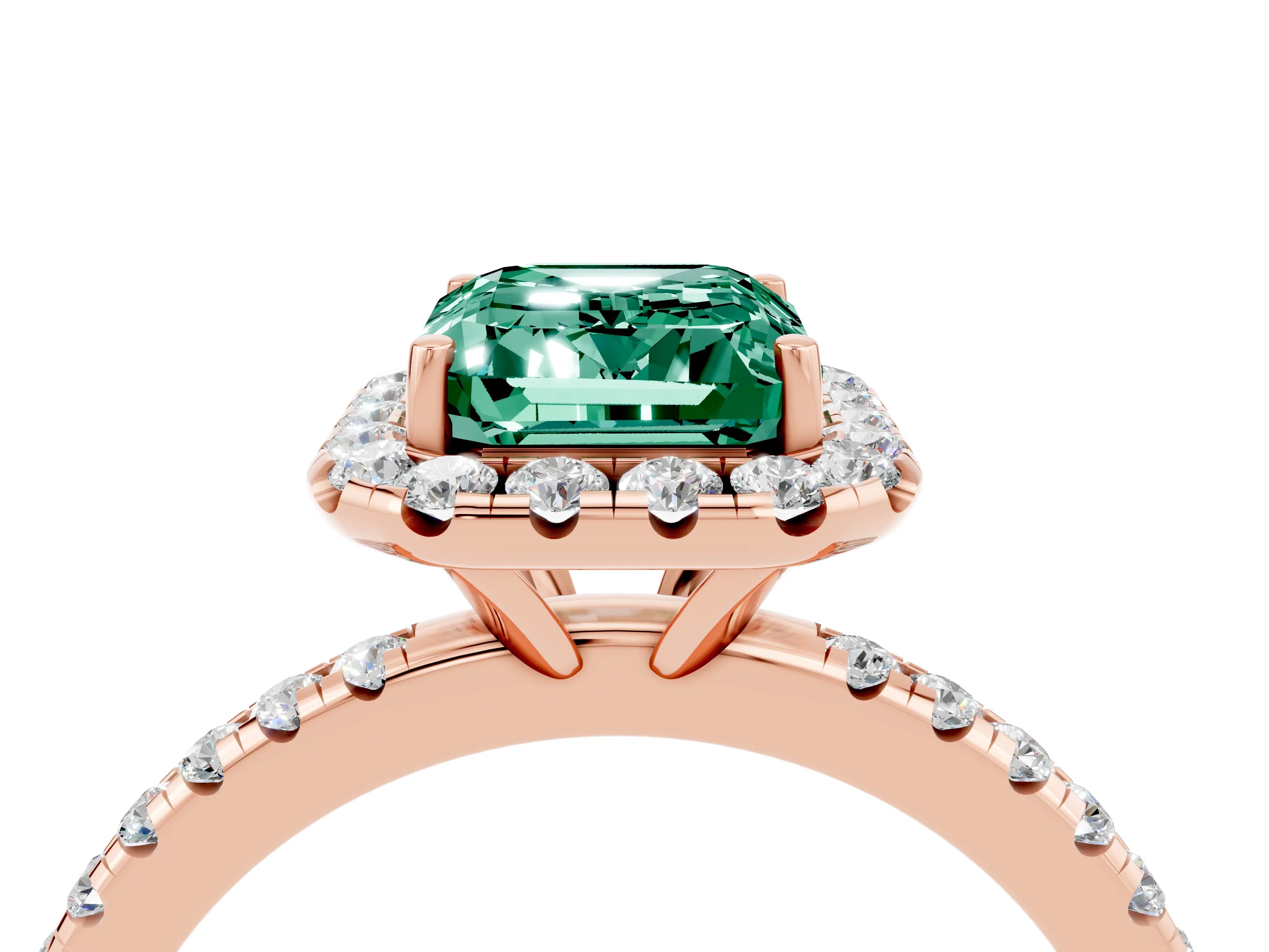 Rose gold Emerald Cut Cut Diamond Floral Halo Engagement Ring with Pavé Band and Prong Setting_4