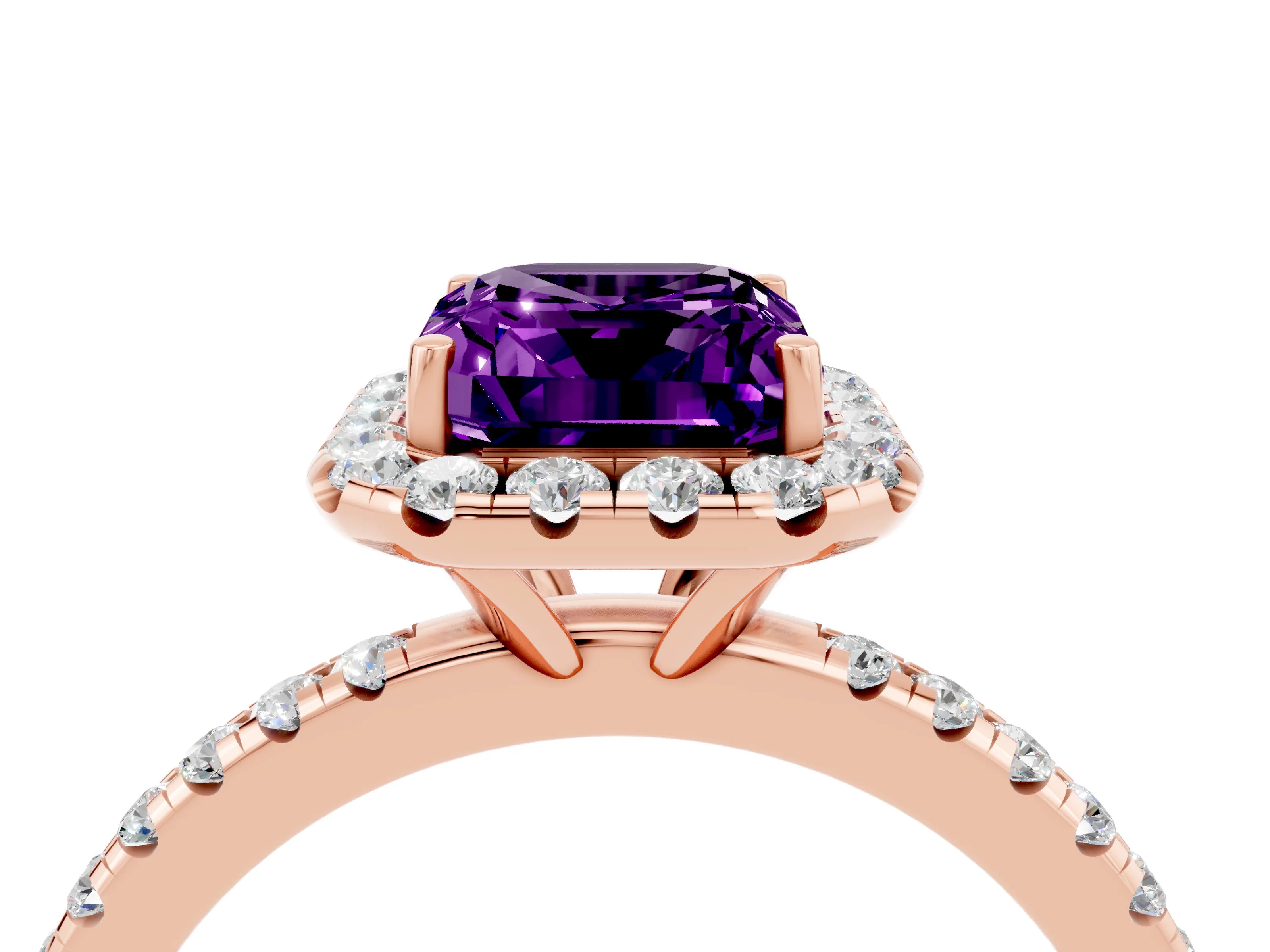 Rose gold Emerald Cut Cut Diamond Floral Halo Engagement Ring with Pavé Band and Prong Setting_4