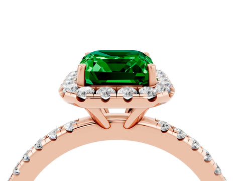 Rose gold Emerald Cut Cut Diamond Floral Halo Engagement Ring with Pavé Band and Prong Setting_4