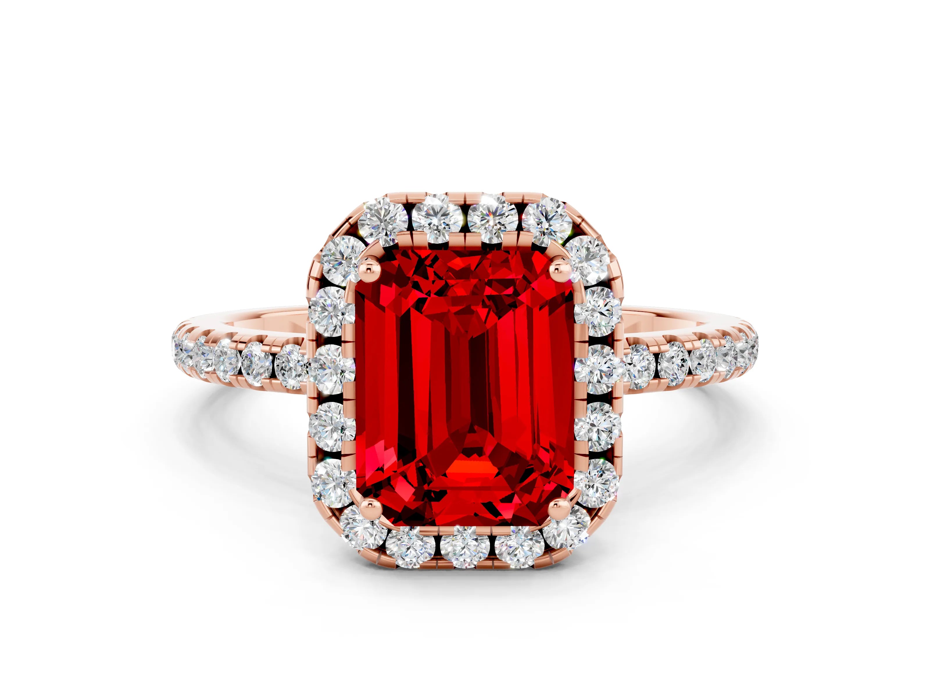 Rose gold Emerald Cut Cut Diamond Floral Halo Engagement Ring with Pavé Band and Prong Setting