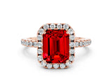 Rose gold Emerald Cut Cut Diamond Floral Halo Engagement Ring with Pavé Band and Prong Setting