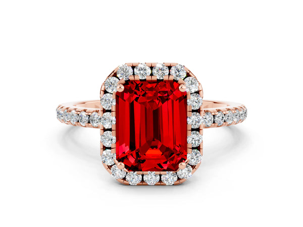 Rose gold Emerald Cut Cut Diamond Floral Halo Engagement Ring with Pavé Band and Prong Setting