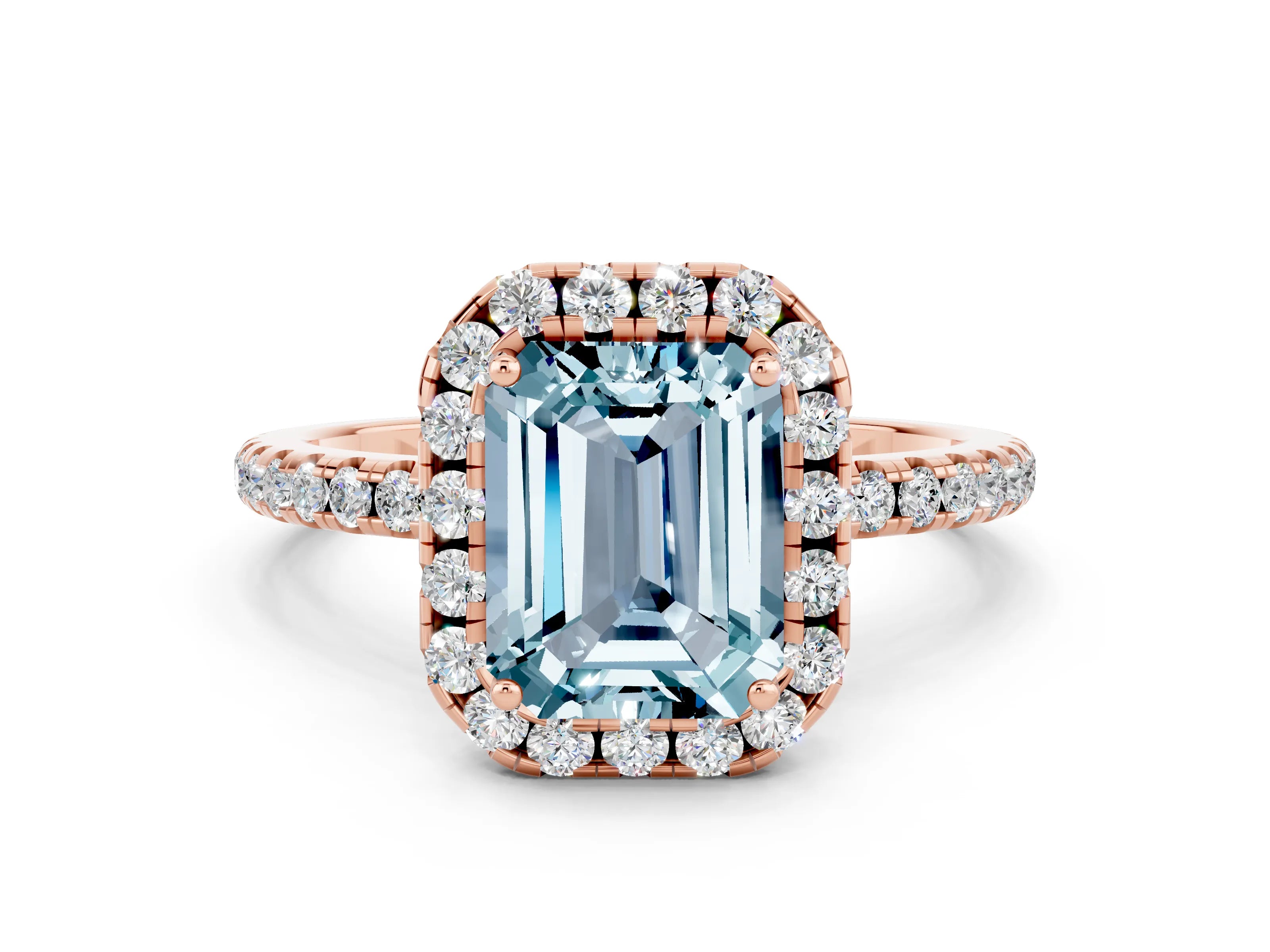 Rose gold Emerald Cut Cut Diamond Floral Halo Engagement Ring with Pavé Band and Prong Setting