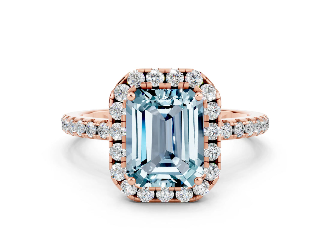 Rose gold Emerald Cut Cut Diamond Floral Halo Engagement Ring with Pavé Band and Prong Setting