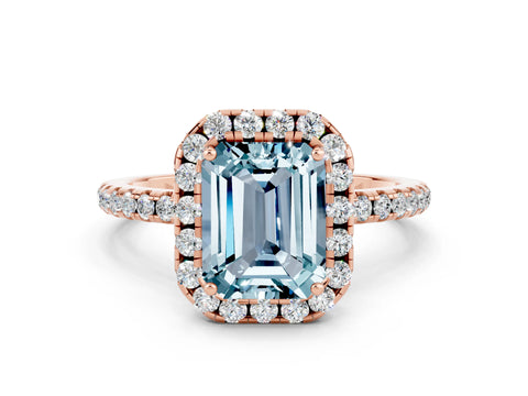 Rose gold Emerald Cut Cut Diamond Floral Halo Engagement Ring with Pavé Band and Prong Setting