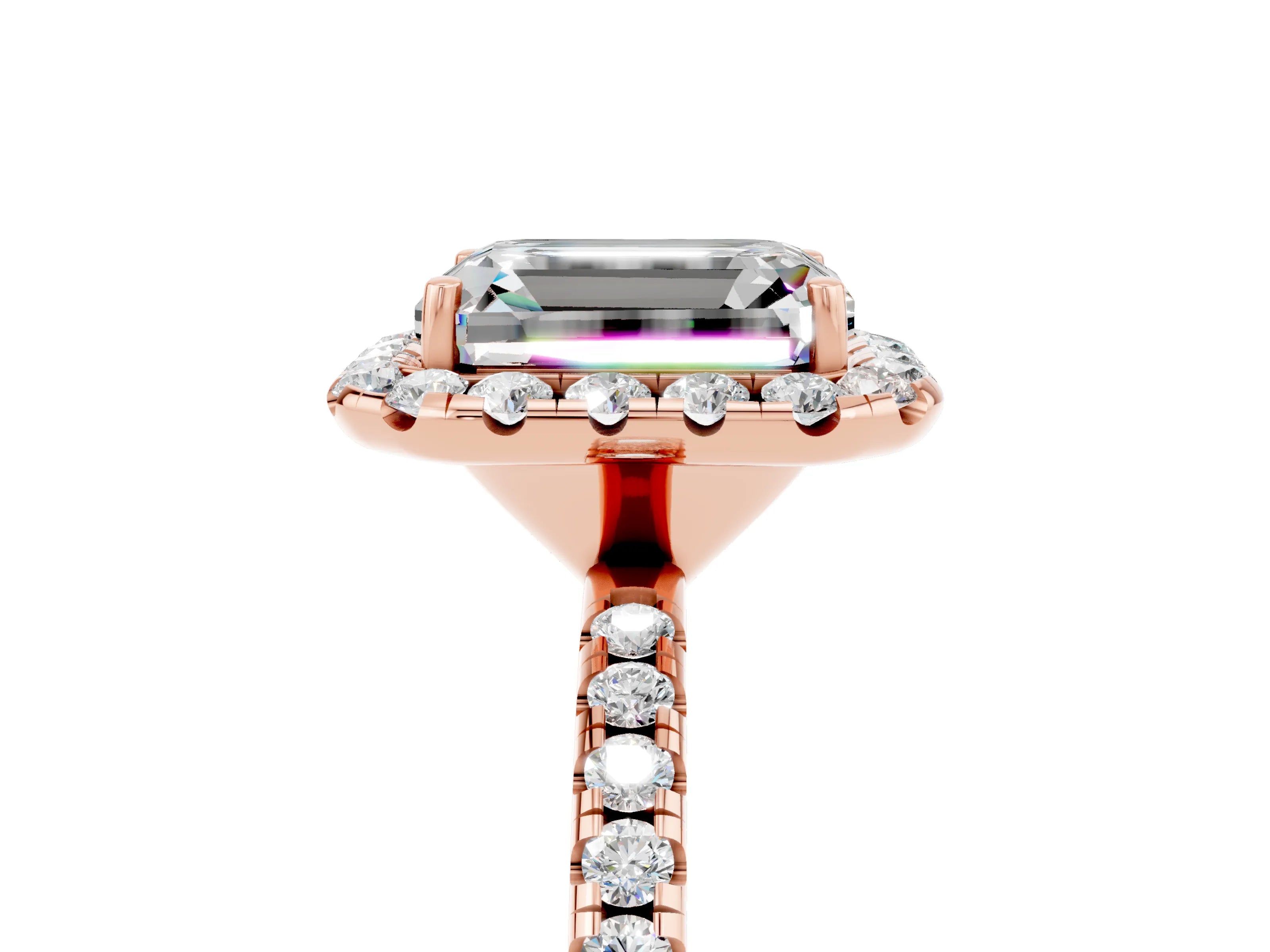 Rose gold Emerald Cut Cut Diamond Floral Halo Engagement Ring with Pavé Band and Prong Setting_5