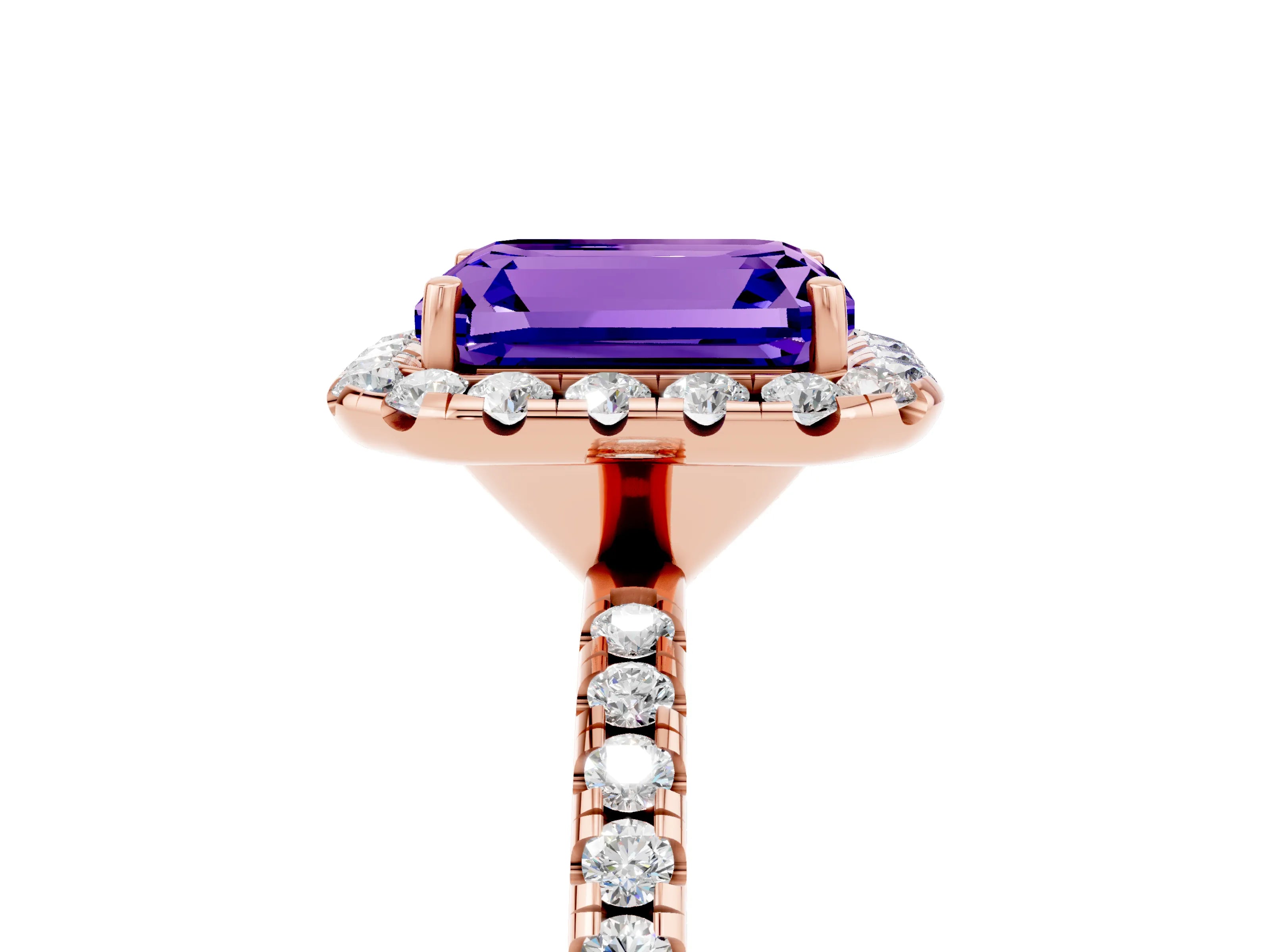 Rose gold Emerald Cut Cut Diamond Floral Halo Engagement Ring with Pavé Band and Prong Setting_5