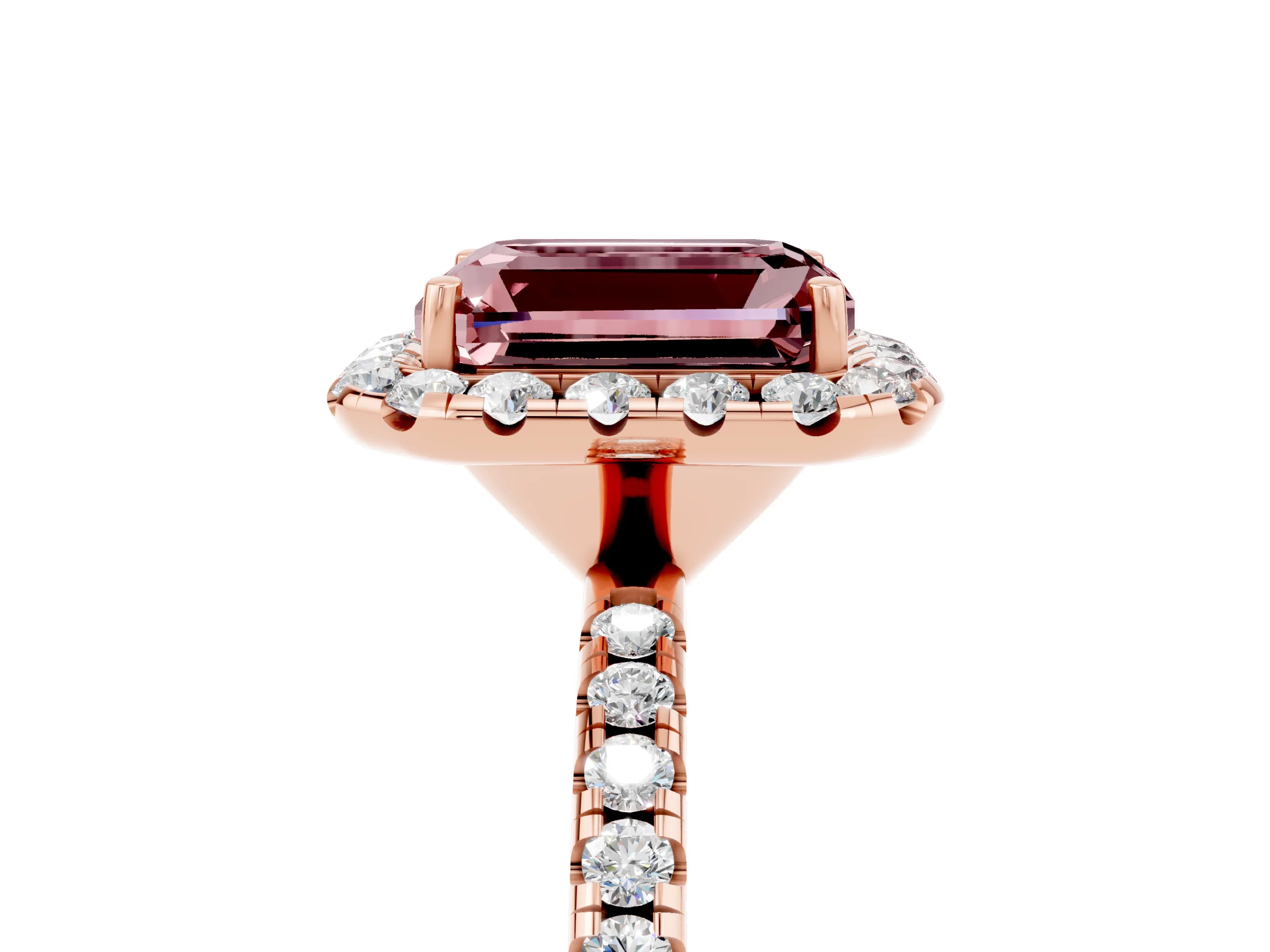 Rose gold Emerald Cut Cut Diamond Floral Halo Engagement Ring with Pavé Band and Prong Setting_5