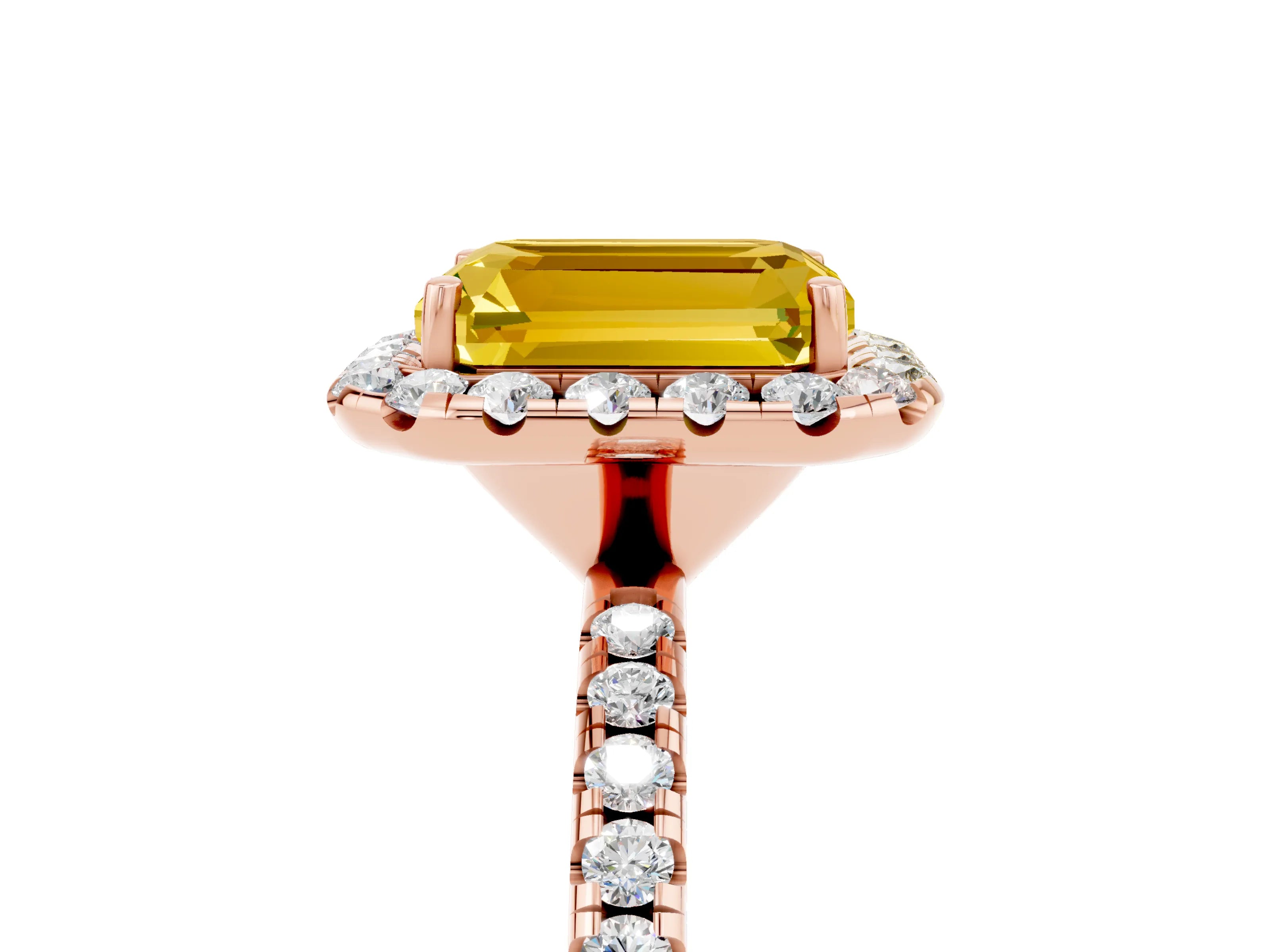 Rose gold Emerald Cut Cut Diamond Floral Halo Engagement Ring with Pavé Band and Prong Setting_5