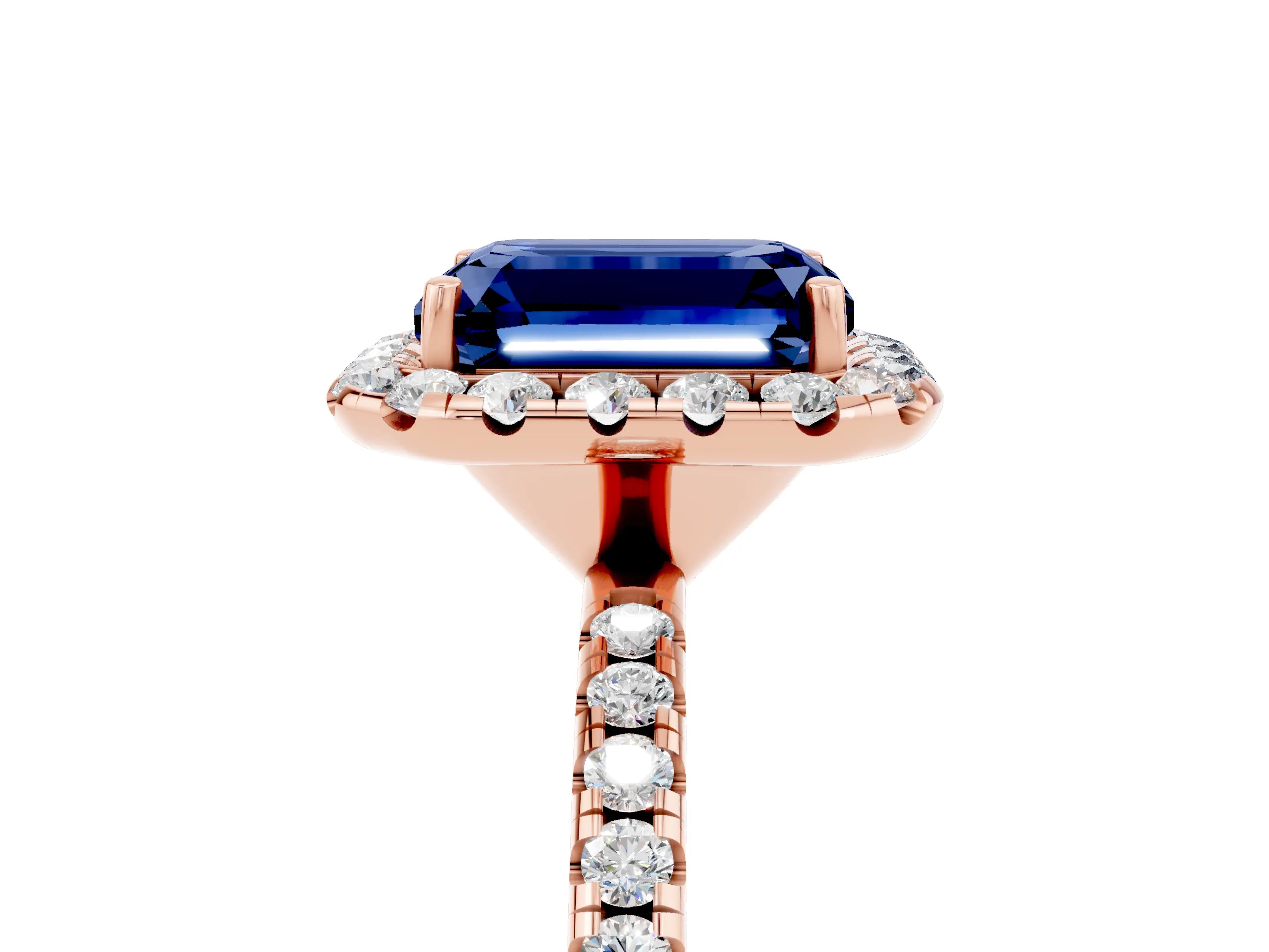 Rose gold Emerald Cut Cut Diamond Floral Halo Engagement Ring with Pavé Band and Prong Setting_5