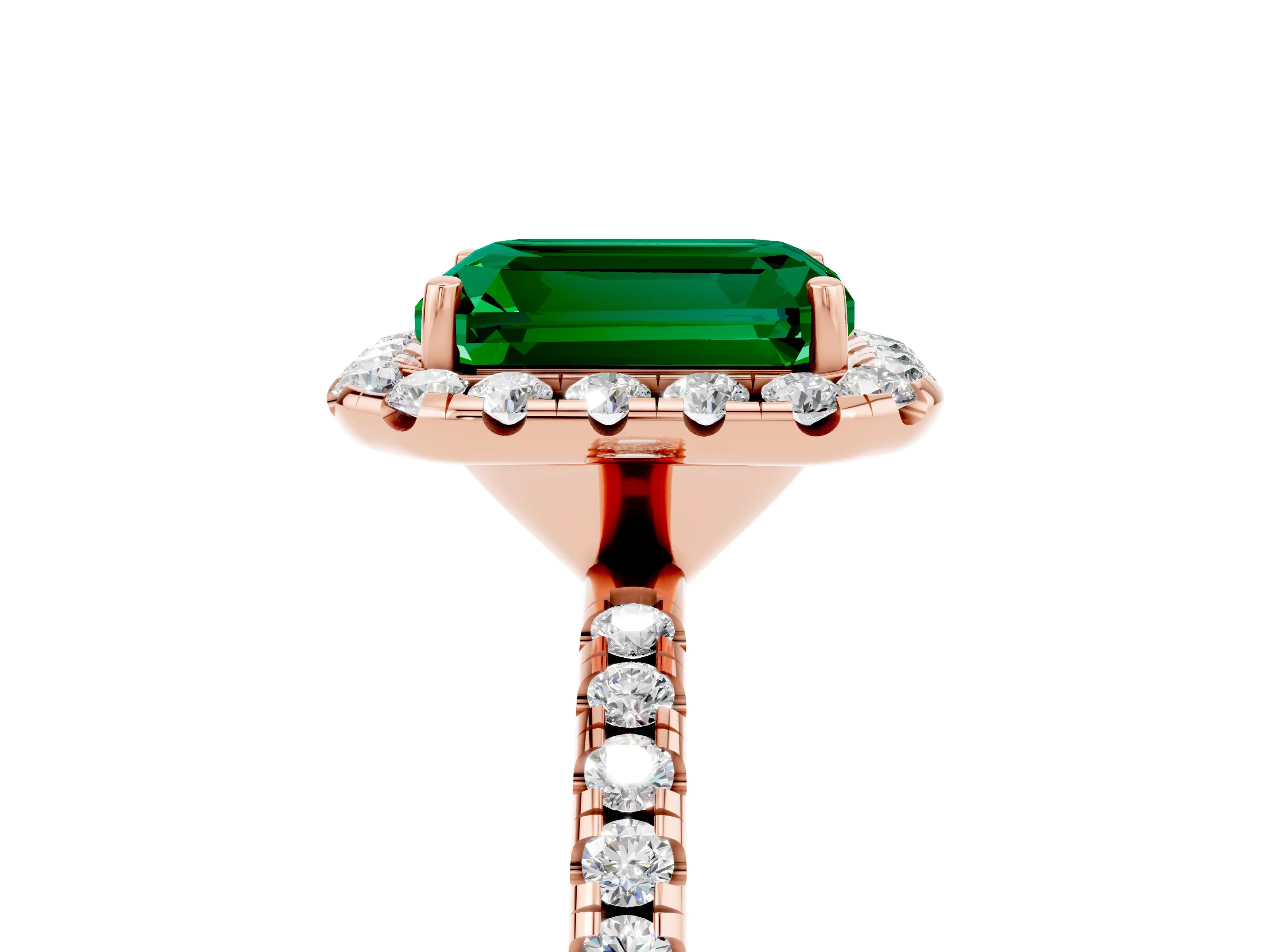 Rose gold Emerald Cut Cut Diamond Floral Halo Engagement Ring with Pavé Band and Prong Setting_5