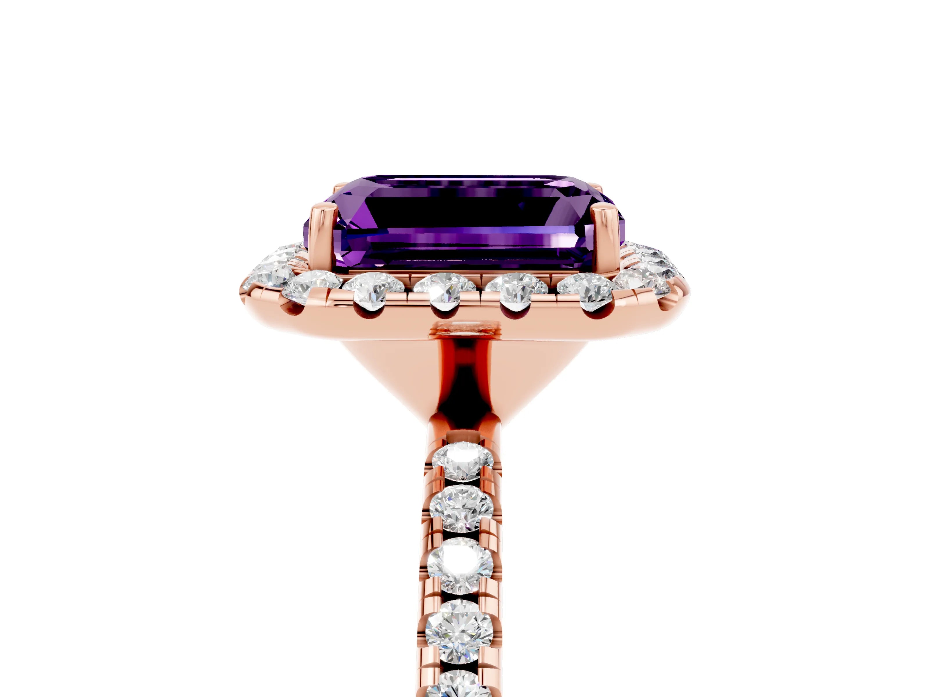 Rose gold Emerald Cut Cut Diamond Floral Halo Engagement Ring with Pavé Band and Prong Setting_5
